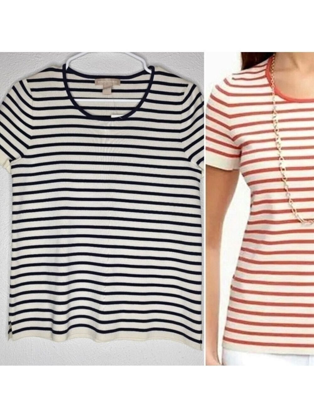 Banana Republic Navy Striped Knit Shirt Women's Petite Medium New